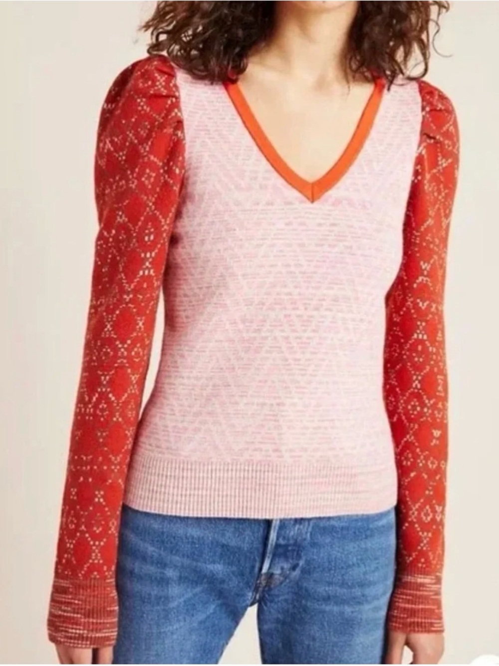 Anthropologie Cherie Pink Puff Sleeve V-Neck Sweater with Red Patterned Sleeves